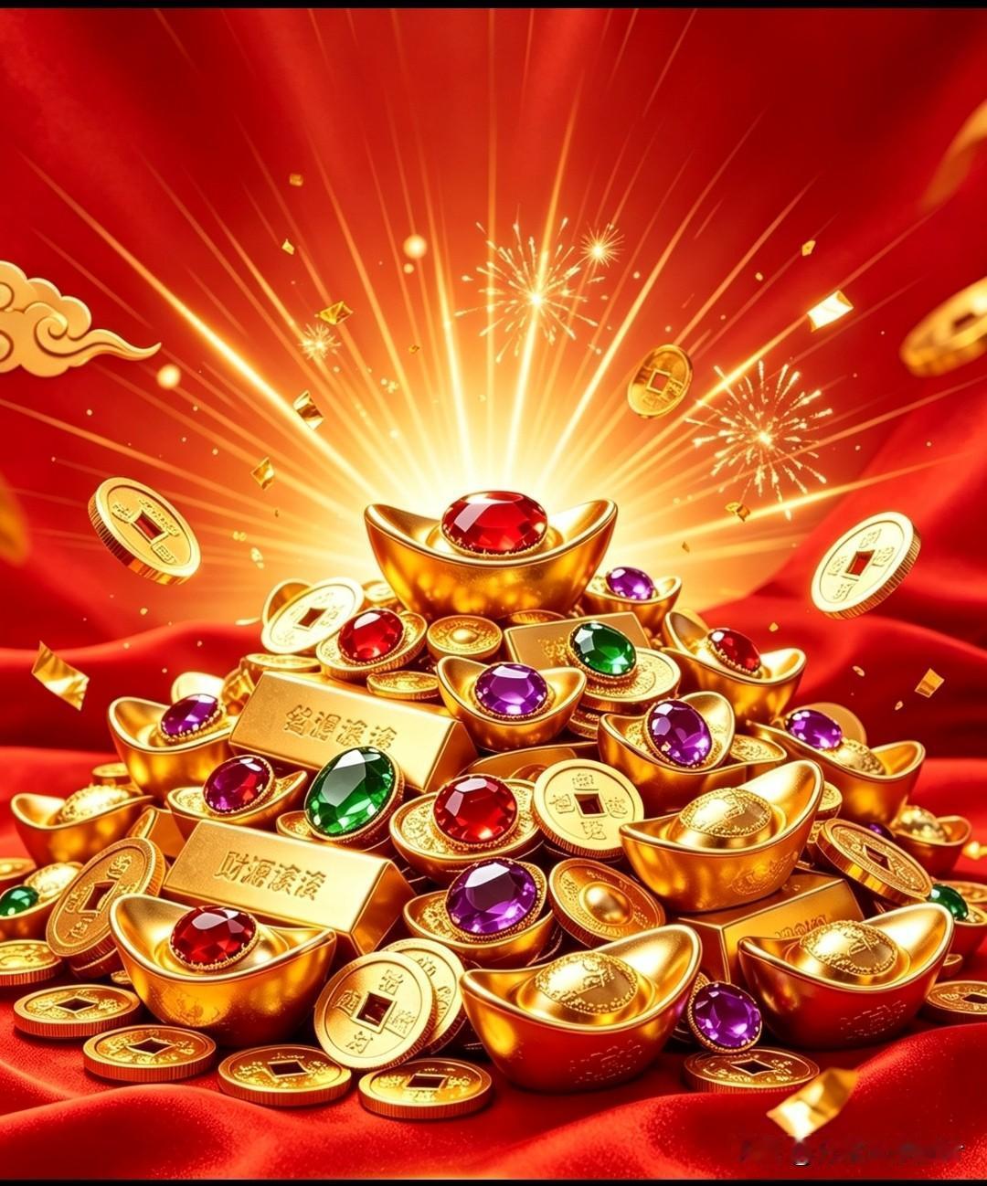 红启鸿运，金纳万金✨
元宝堆成堆，宝石映富贵。
愿刷到的你，财源滚滚进家门，四季