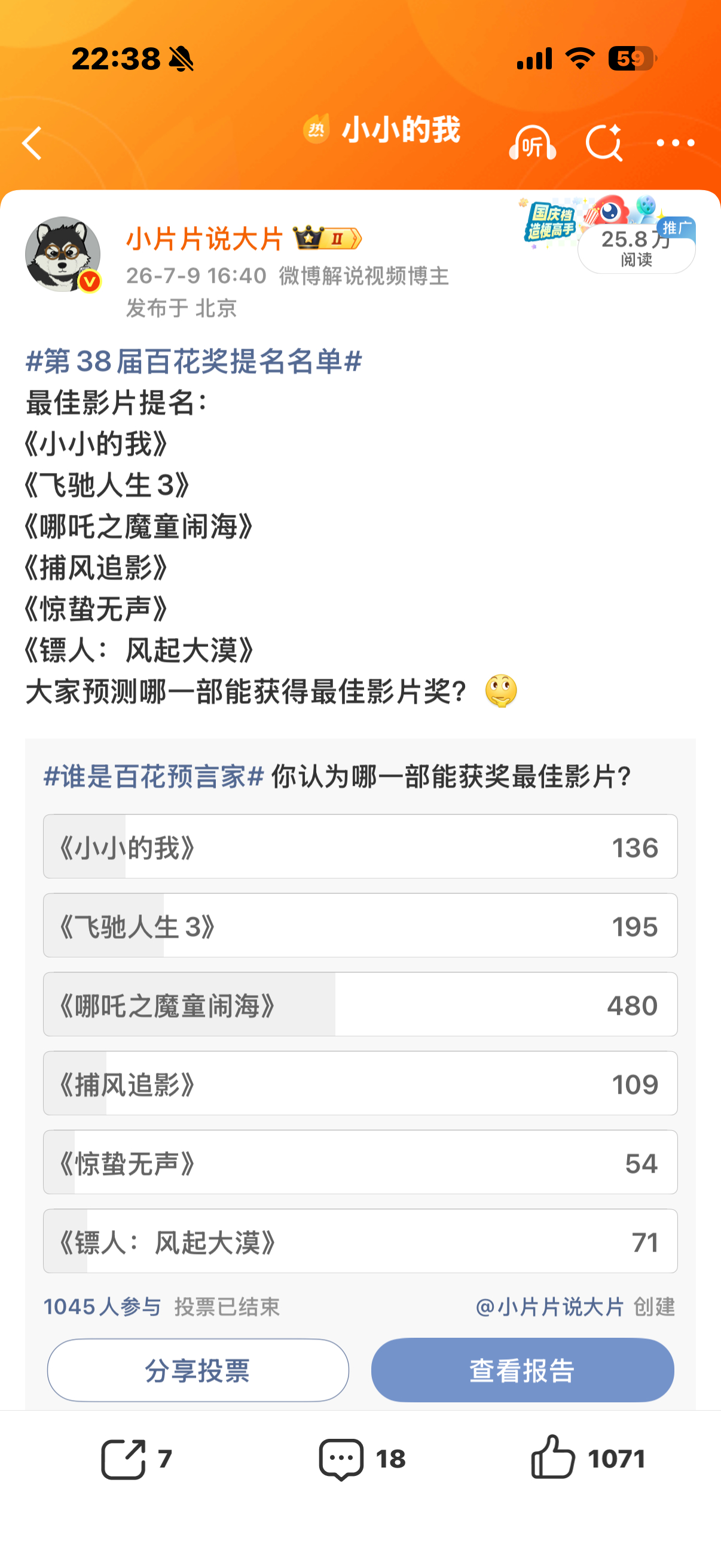 百花奖获奖完整名单最佳影片：《哪吒之魔童闹海》（想起来当初提名出来后，我发了个投