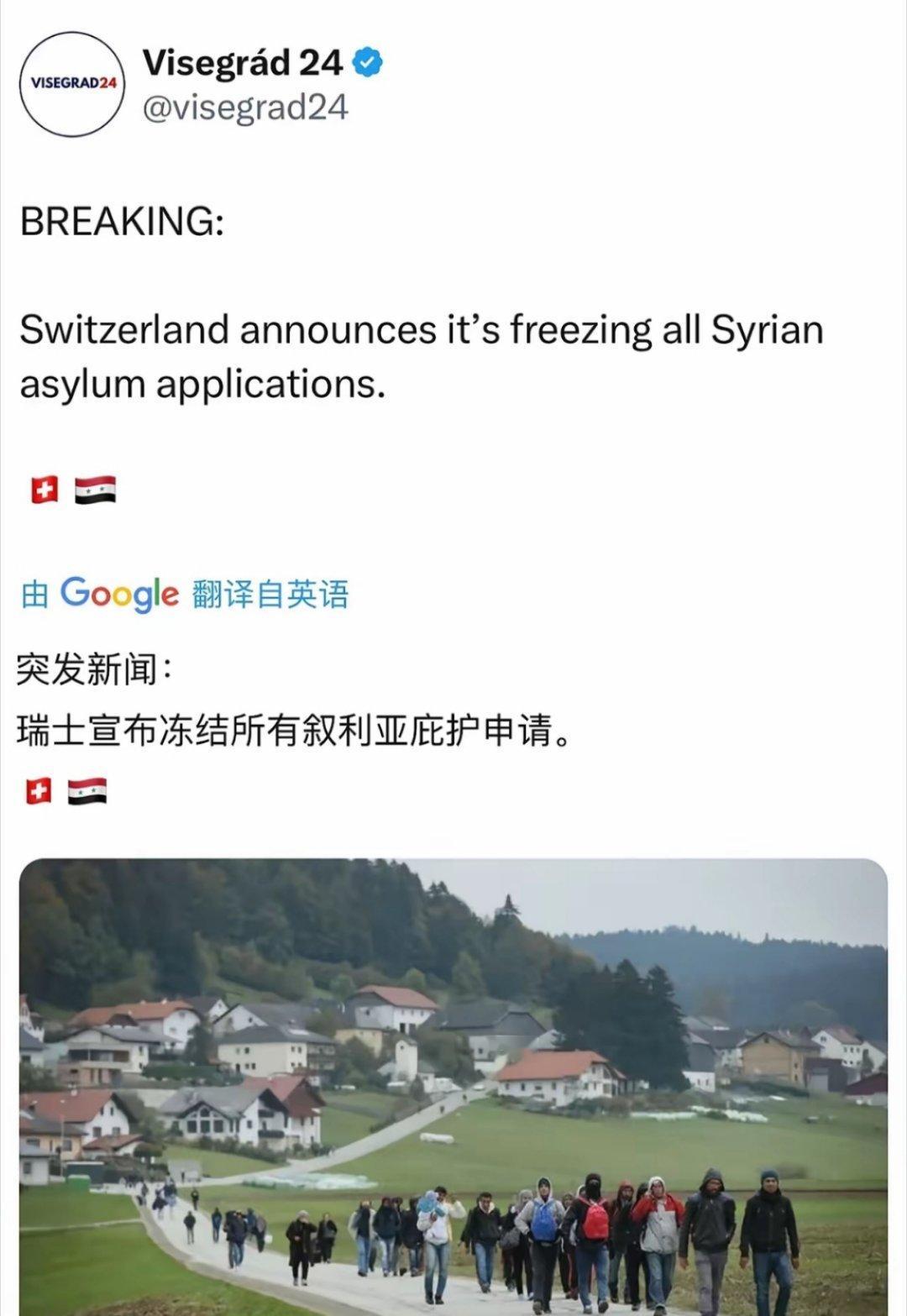 突发新闻：瑞士宣布冻结所有叙利亚庇护申请。 