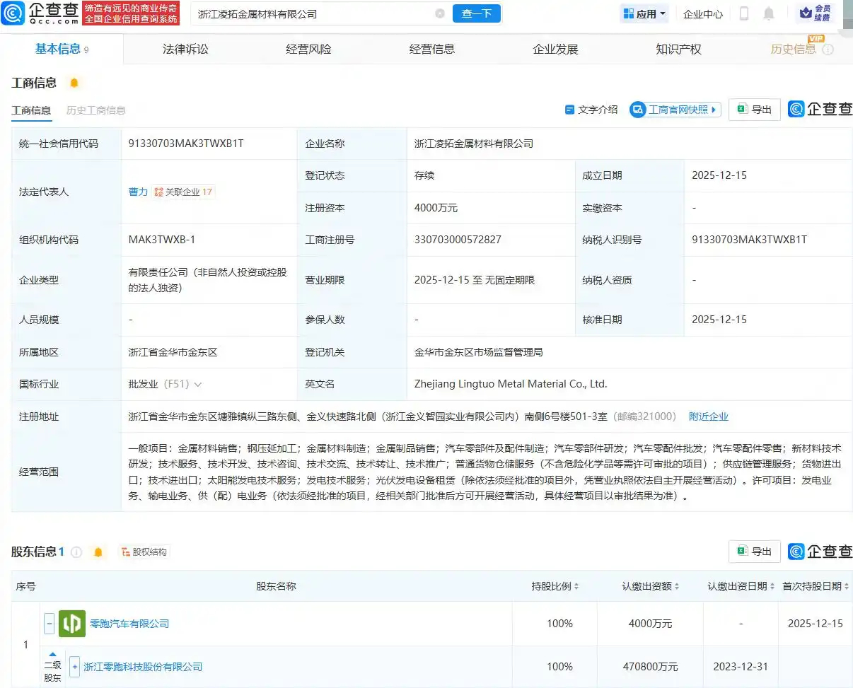 零跑成立了一个...金属材料加工的公司，全资控股。在这之前零跑已经在自己做车灯、