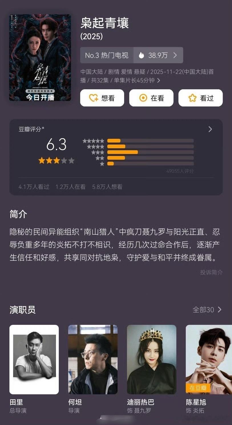 迪丽热巴陈星旭《枭起青壤》豆瓣开分6.3，陈晓孙千《大生意人》豆瓣开分7.3，高