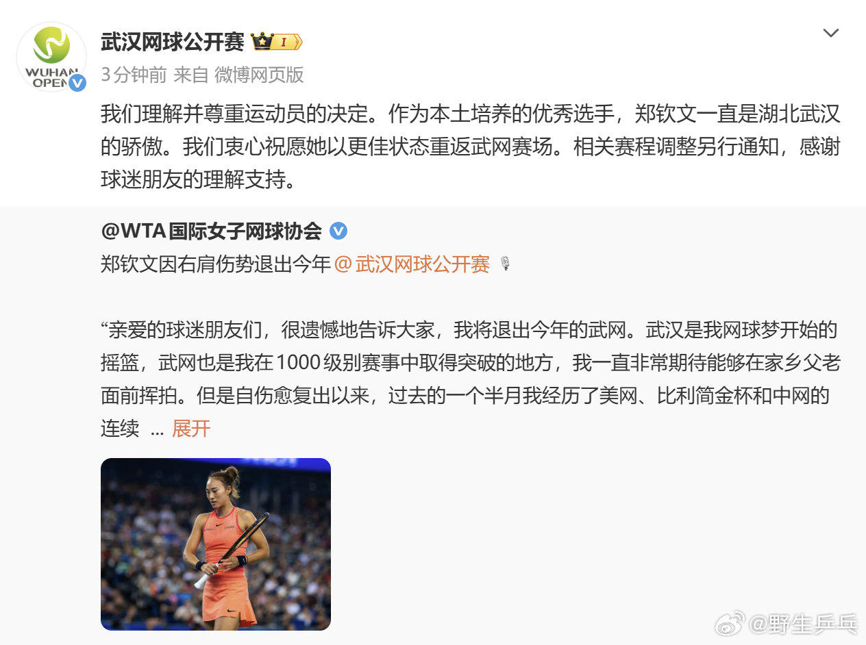 武网回应郑钦文退赛 郑钦文因伤退出本届武汉网球公开赛，做出回应：我们理解并尊重运