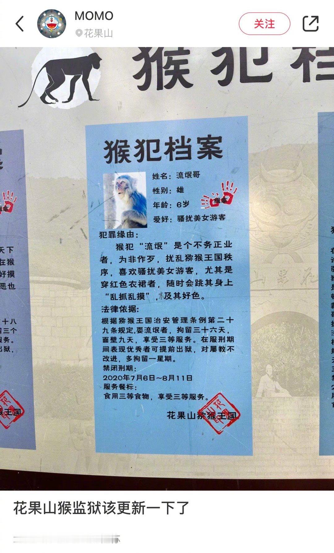 笑死我了花果山怎么真有吗喽监狱啊！！还把当事猴的照片罪状处罚决定都罗列得清清楚楚