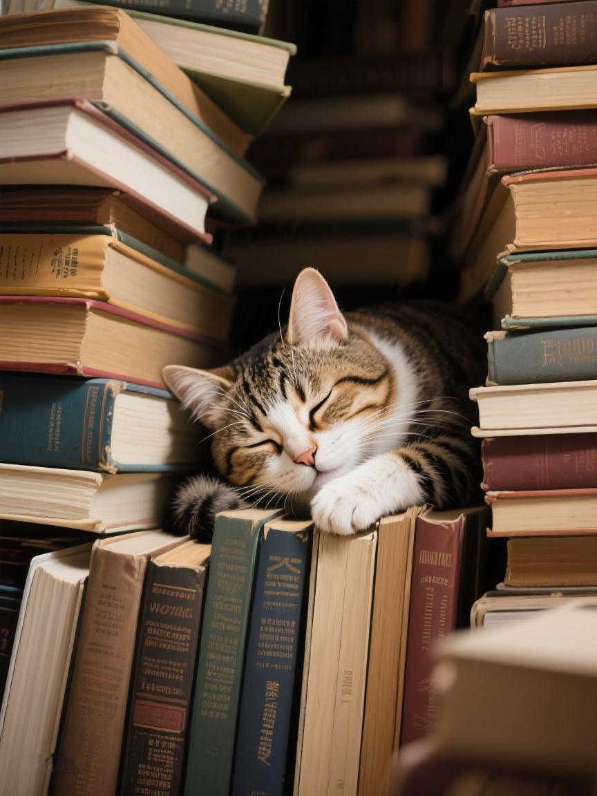 AI妙生图在书堆中沉睡的猫，似在书里寻梦，于书中忘忧，时光也在这一刻停下脚步