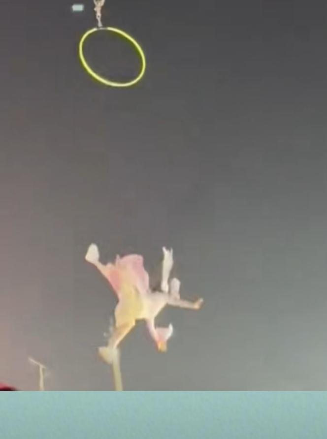 真是吓死了。杂技演员高空表演，没有把握好，从高空摔了下来。这不怎么都得有几十米，