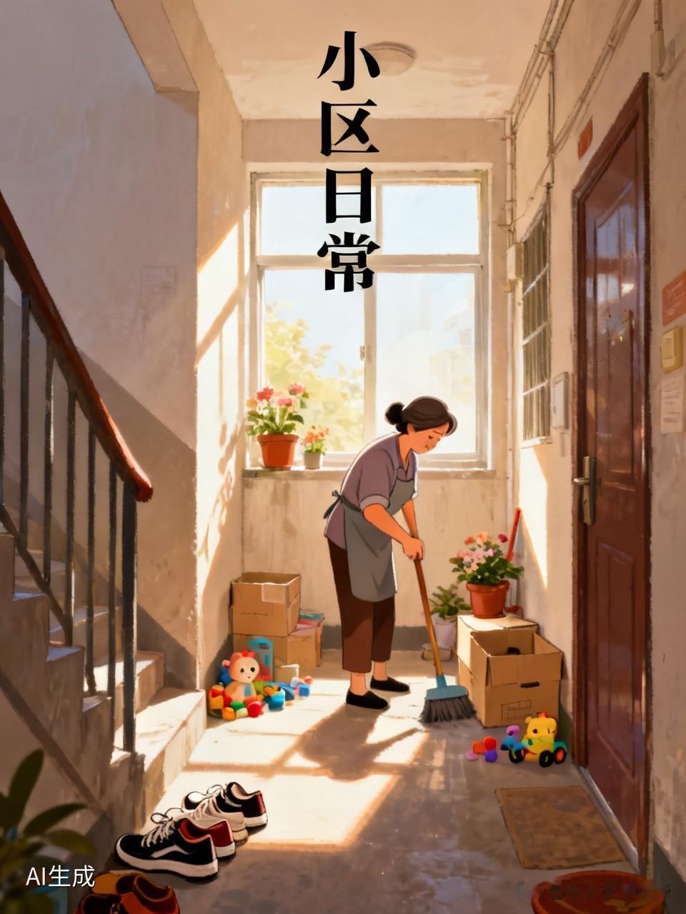今天中午大太阳，热得人都不想出门☀️
 
下楼拿快递的时候
看见保洁阿姨还在逐层