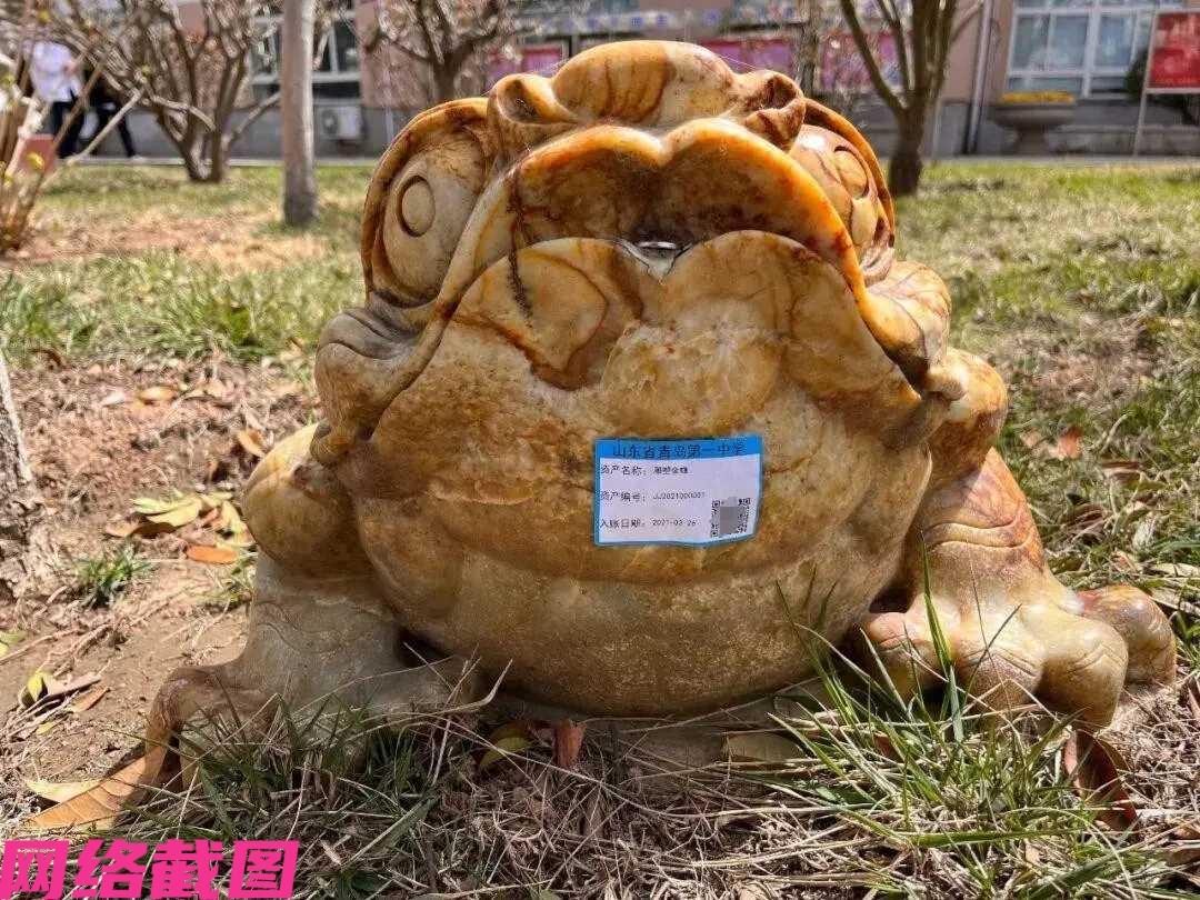 山东青岛有学校，在校内的草坪上摆了一只三足金蟾，这一幕让家长们看不懂了，这是什么