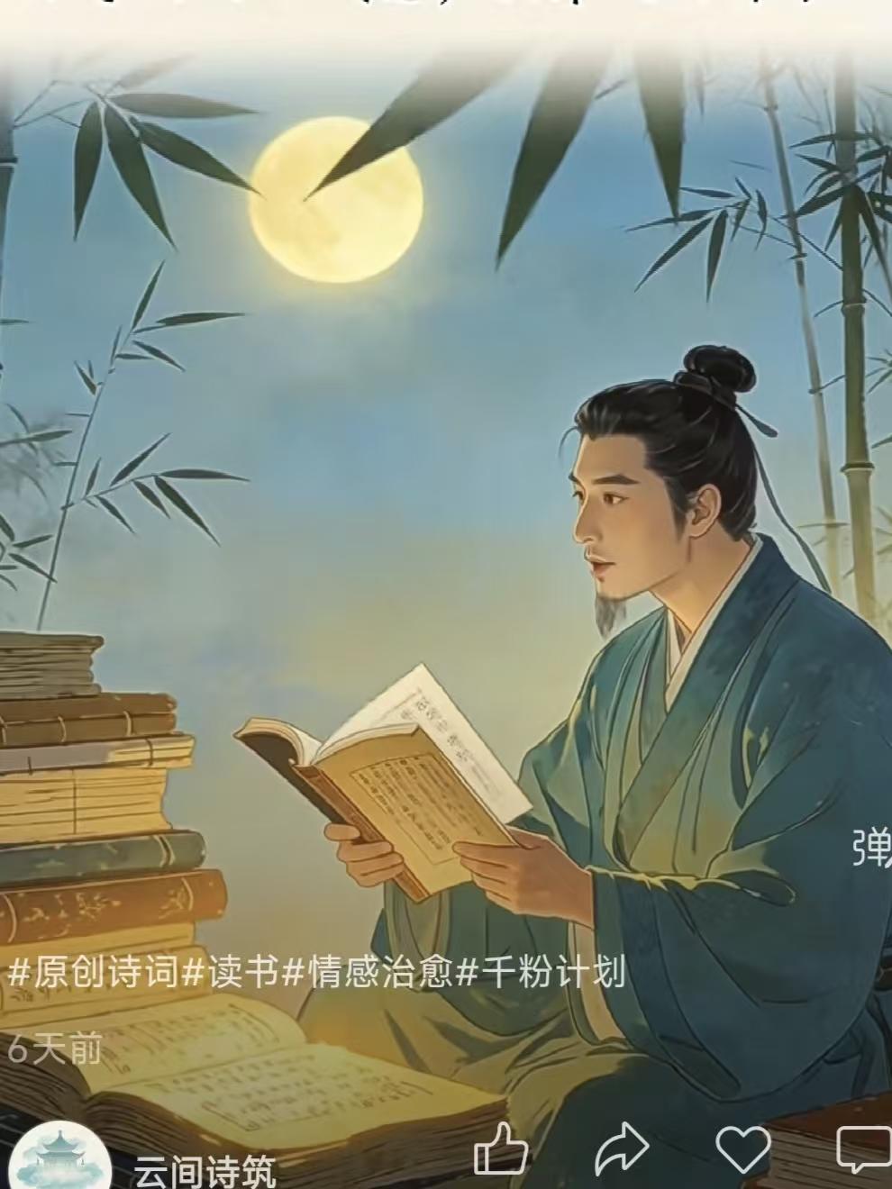 读书闲吟
书山一坐到如今，
莫道流年何处寻。
小字行行知我意，
唤来明月作长吟。