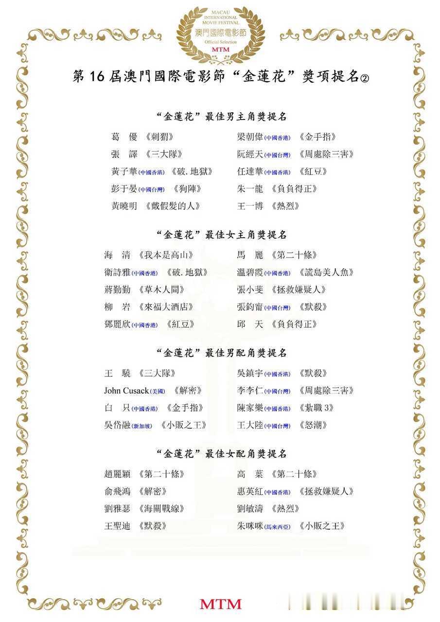 王一博在澳门金莲花国际电影节和澳门金莲花国际电视节同时提名视帝影帝 