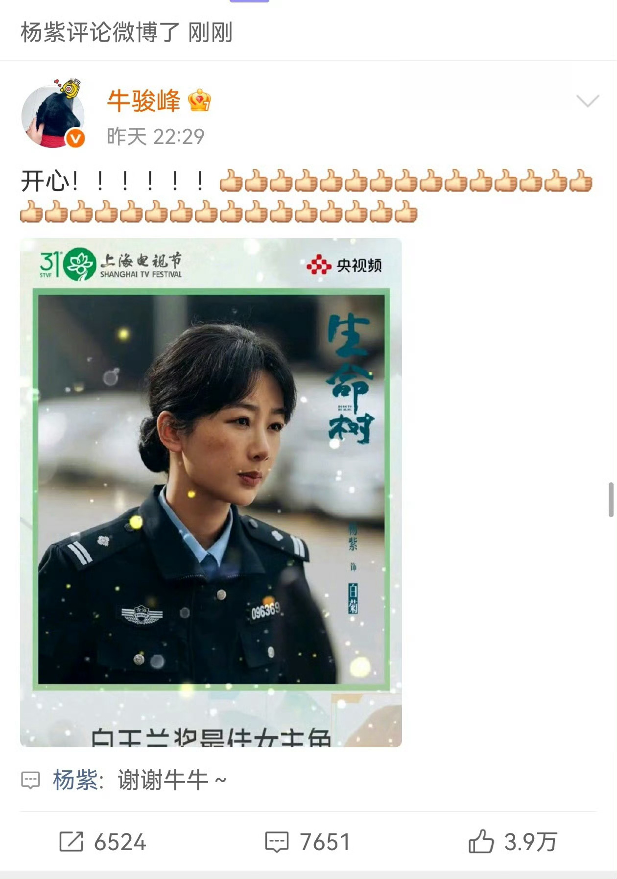 杨紫回复视后祝福杨紫白玉兰回复 杨紫白玉兰回复，回复视后祝福了 