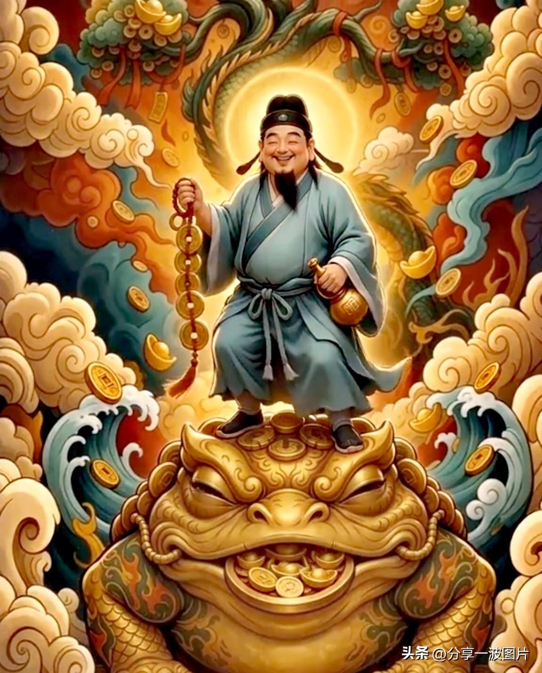 金蟾吐宝财源广，
仙者携祥福运长。