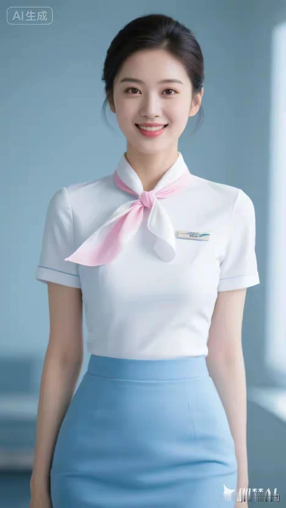 中国空姐，美丽穿搭
蓝白相间，千娇百媚
出水芙蓉，亭亭玉立
冰肌玉骨，明眸皓齿