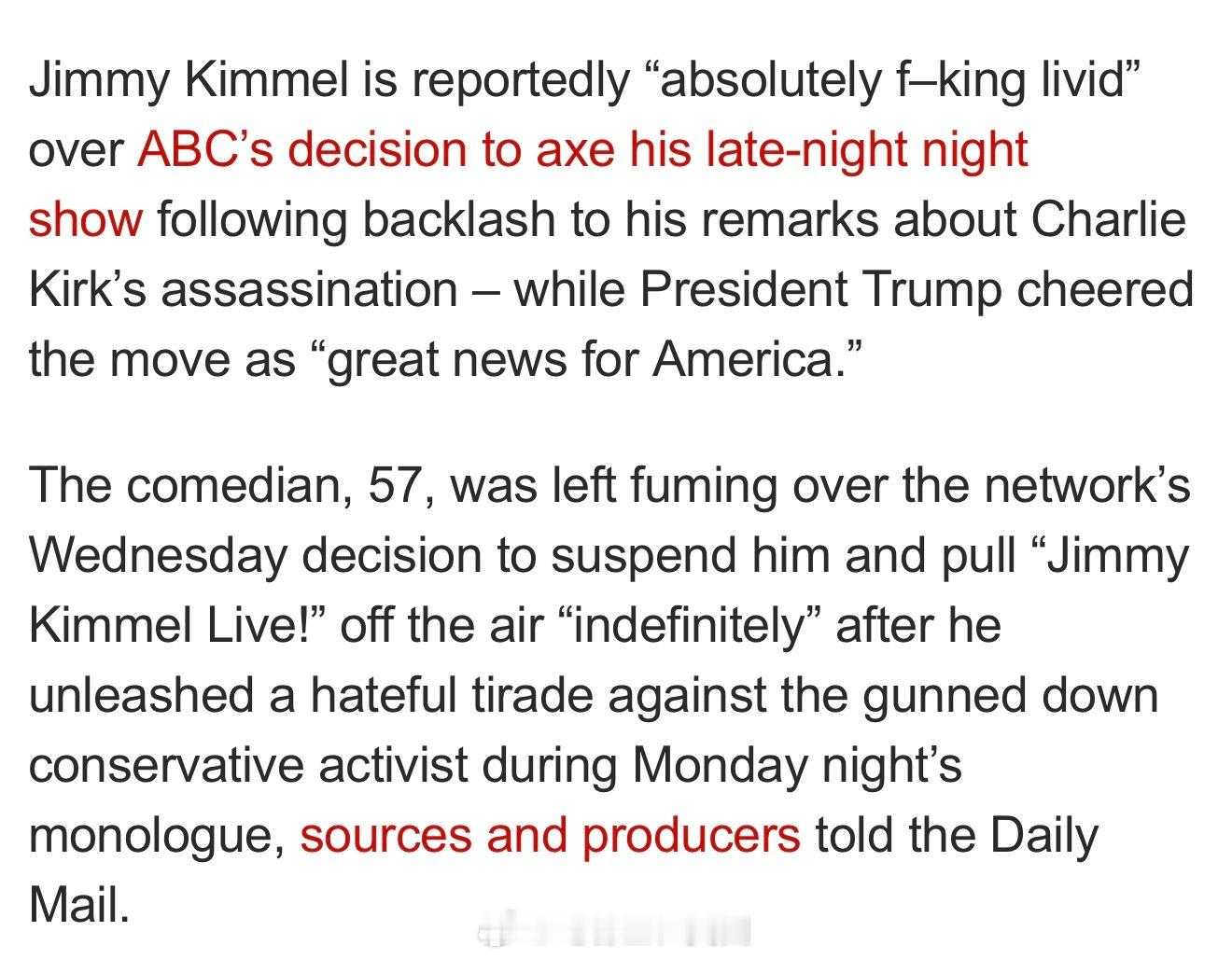 Daily Mail: Jimmy Kimmel在得知ABC停播他节目后怒火中烧