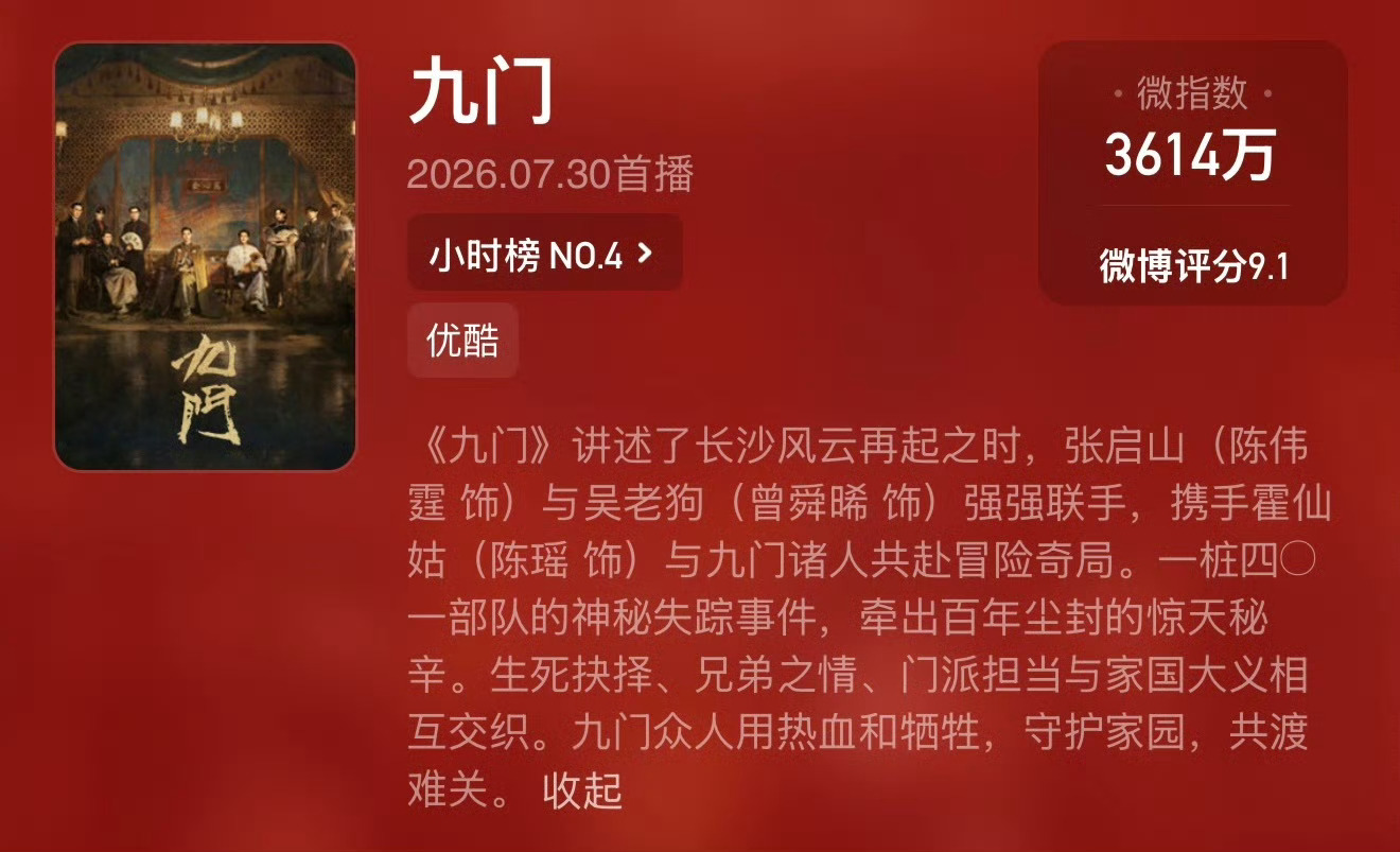 九门微博评分涨至9点1 111 