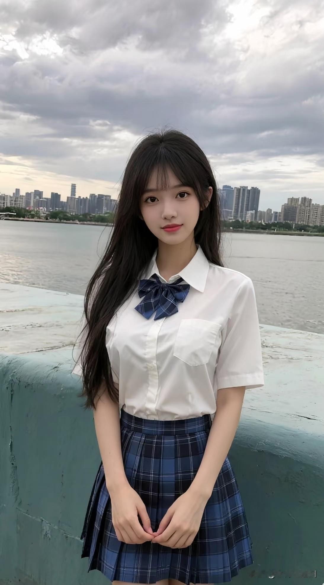一个穿校服的女孩站在河边。