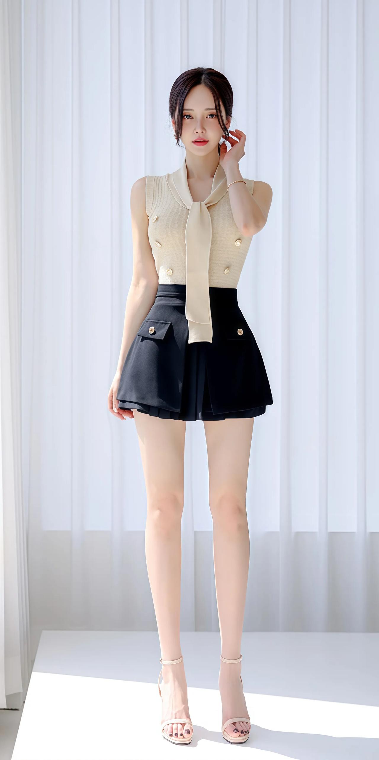 夏日清新穿搭，米色无袖上衣搭配黑色短裙，优雅又时尚！