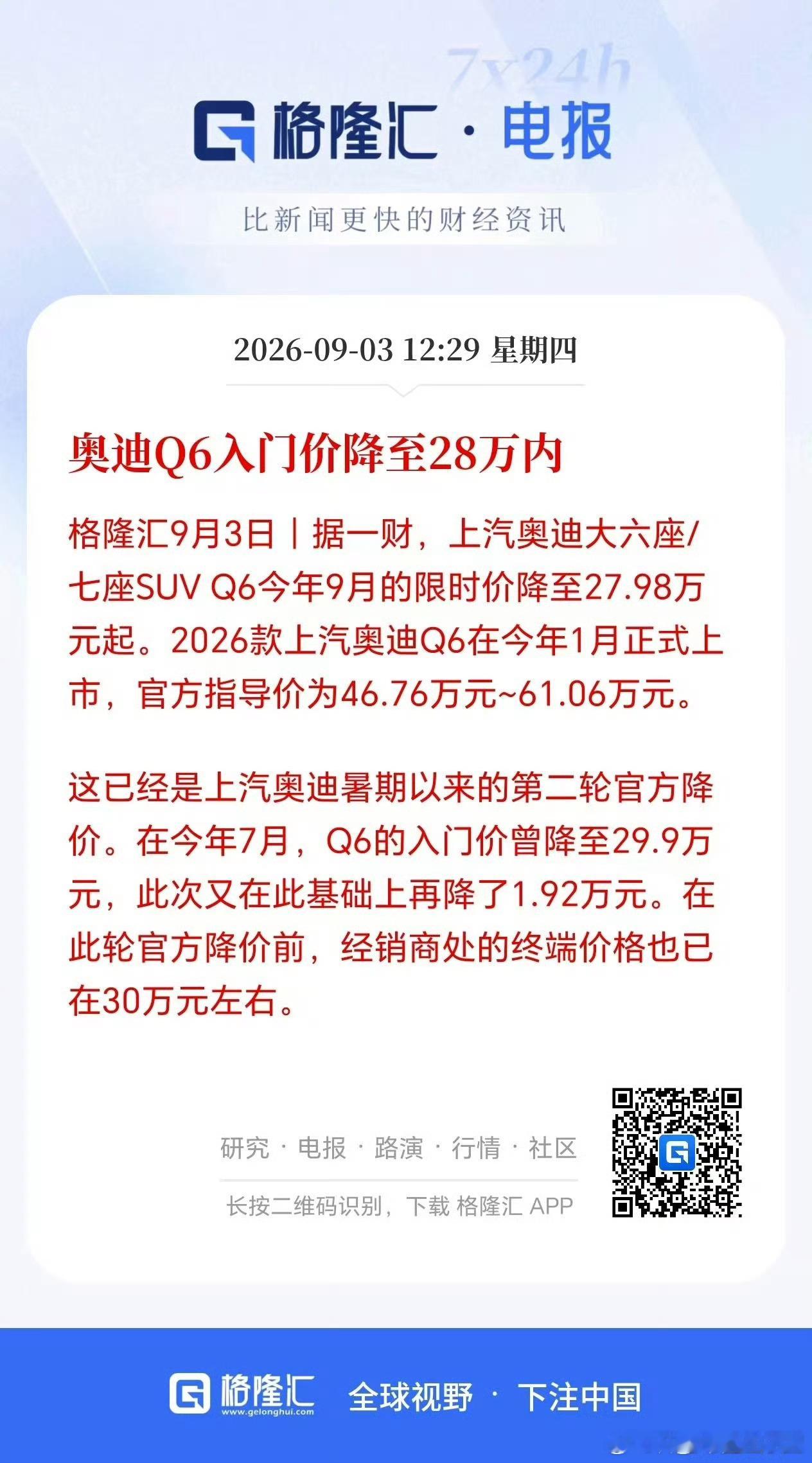 兄弟们，奥迪这次是真的急眼了。上汽奥迪Q6限时价直接干到27.98万，相比指导价