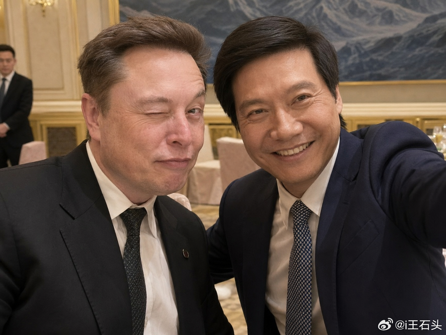 好了，雷军和马斯克的自拍照，我刚刚问AI要到了一张。 
