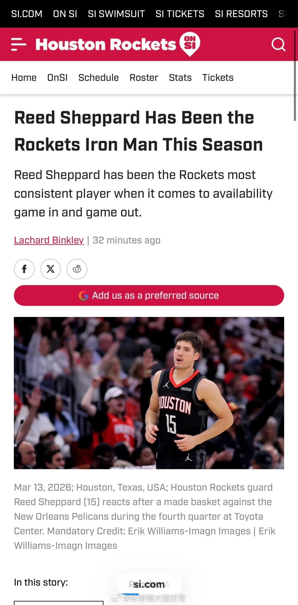 火箭队本赛季至今已打了 67 场比赛，只有一名球员打满了全部 67 场比赛：里德