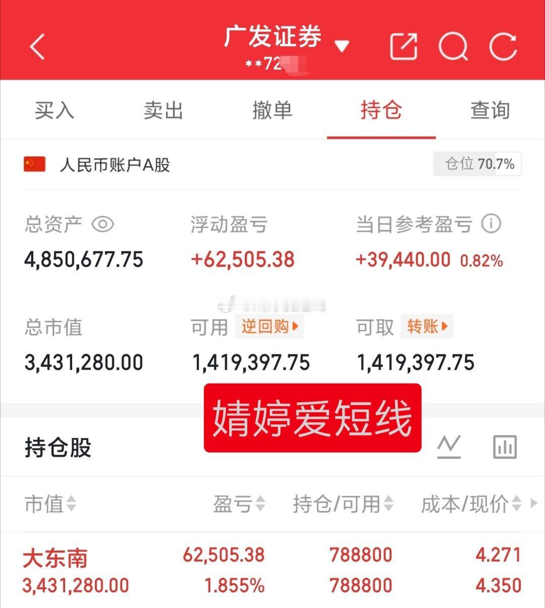 30万本金实盘记录（第447天）目前资金:4850677.75元今日持有:大东南