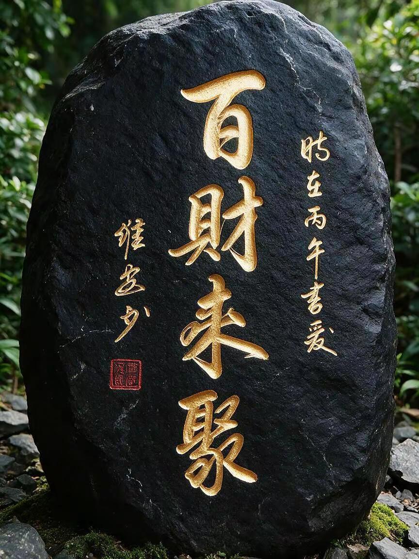 在这片静谧的森林中，一块石头静静伫立，仿佛在诉说着岁月的故事。石上的书法，笔走龙