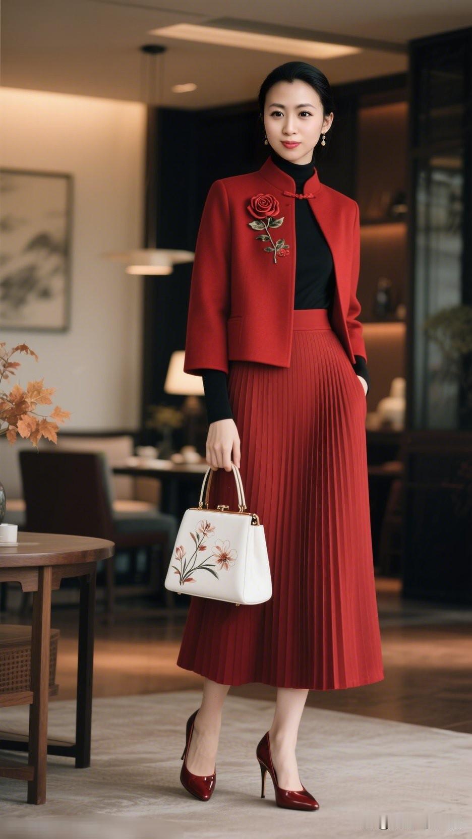 红衣美人，花影相随。什么样的身材是完美身材 优雅红裙穿搭，尽显女性魅力！