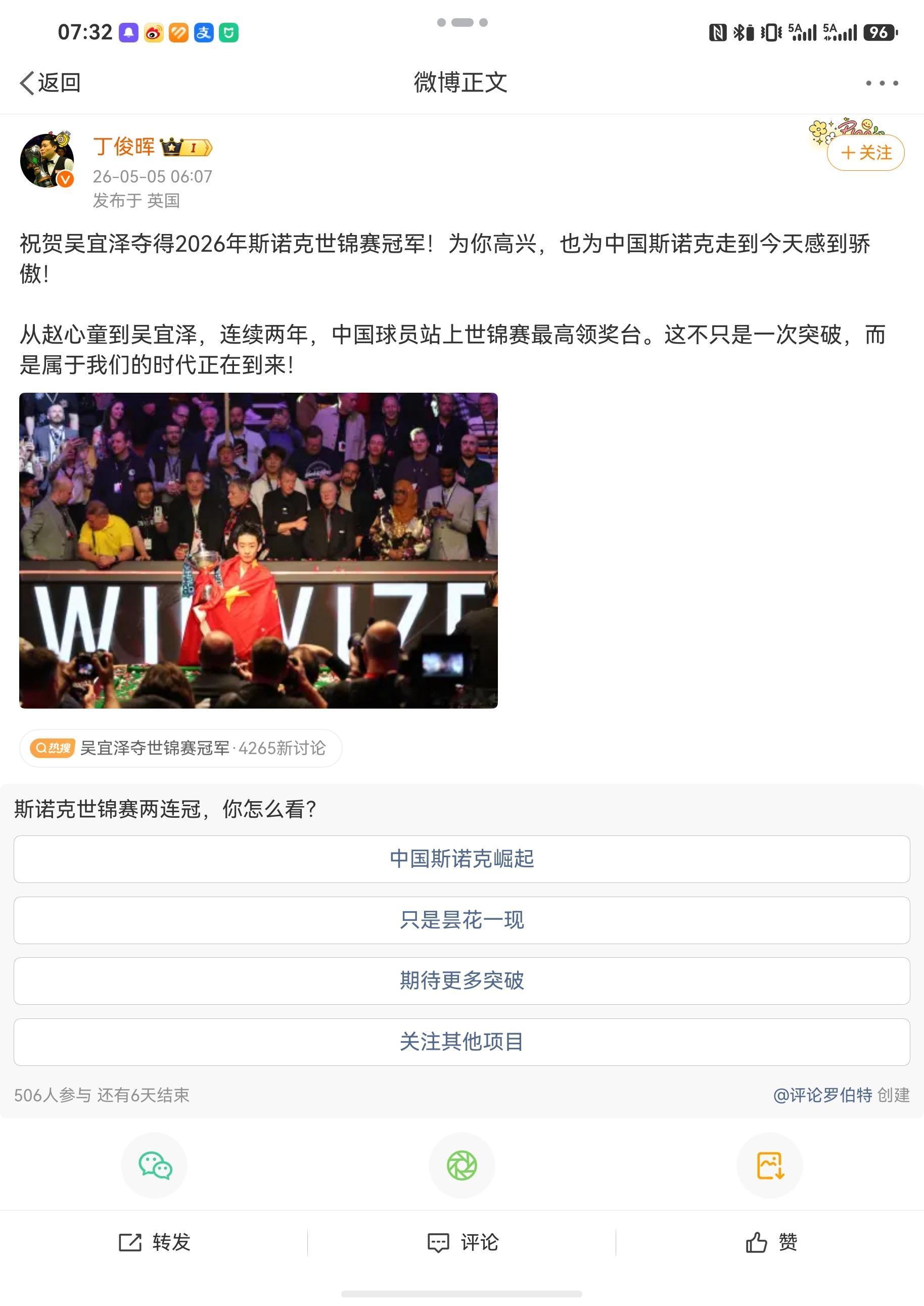 吴宜泽夺世锦赛冠军    丁俊晖祝贺吴宜泽夺冠，其实小丁也不到40岁也算是当打之