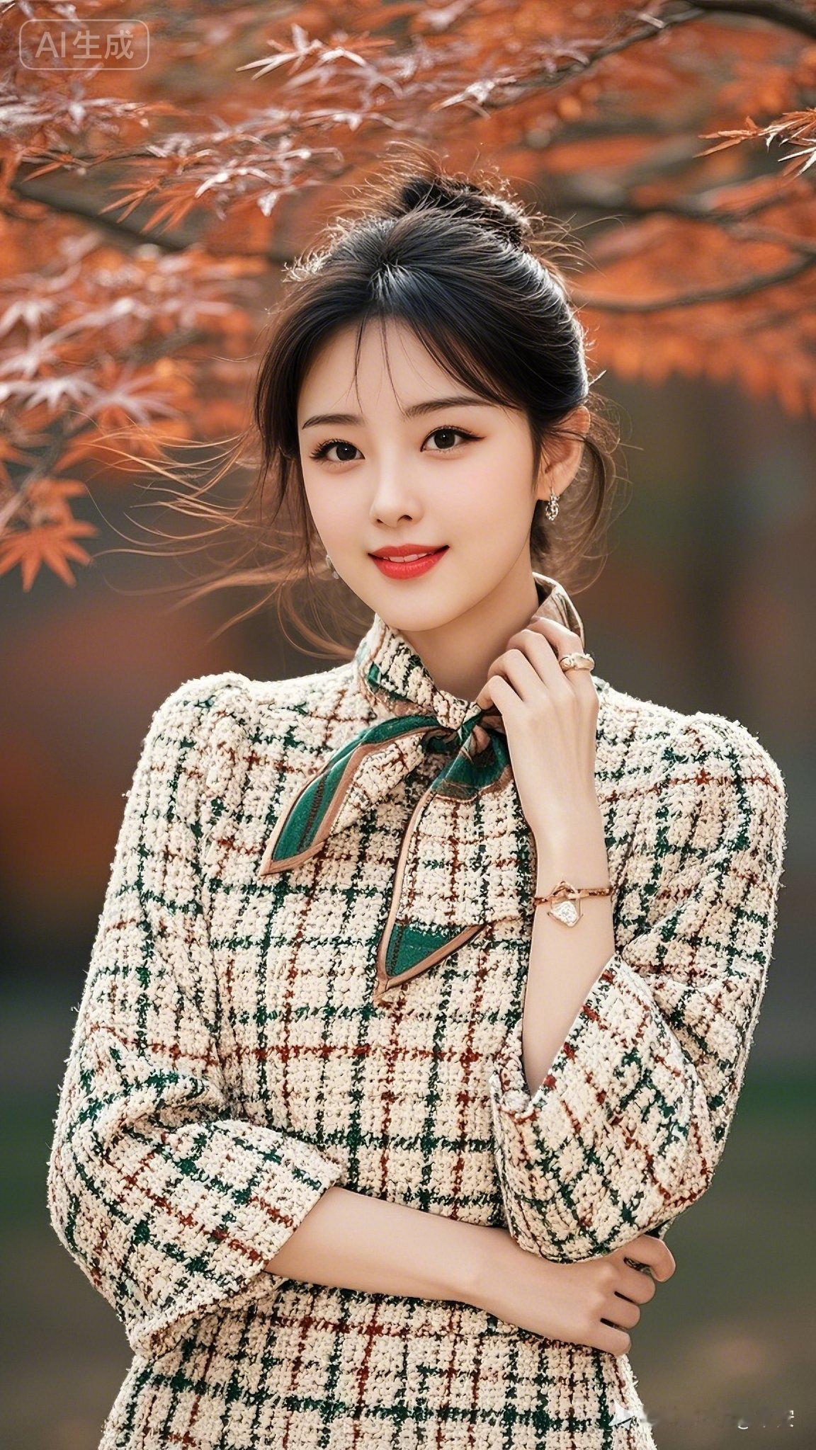 秋日暖阳下的温柔少女，复古格纹外套搭配绿色丝巾，尽显优雅与甜美。