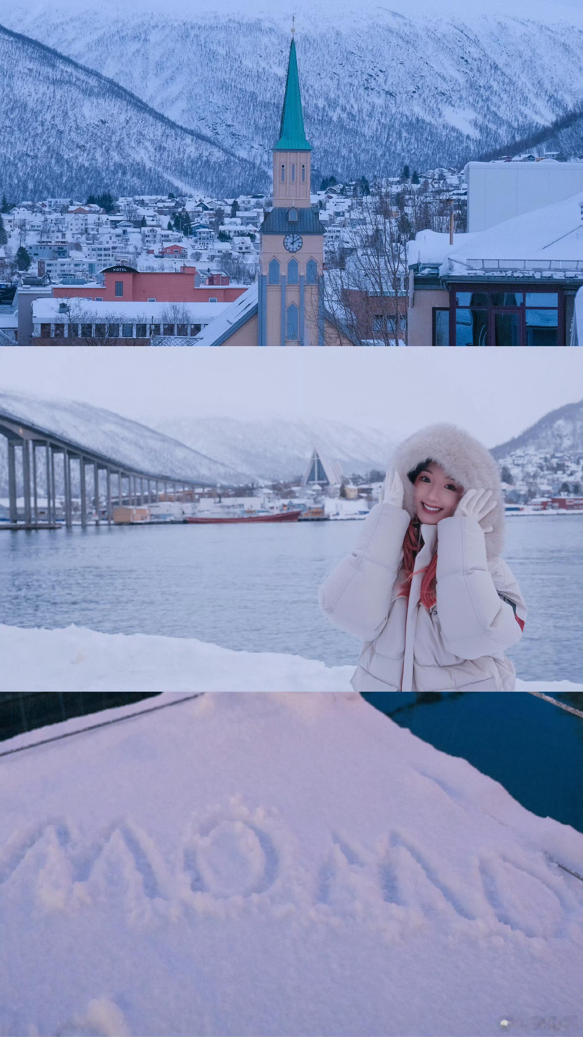 毛晓彤橙发北极plog毛晓彤一半雪山一半大海明信片 这是大大的美貌震撼啊 