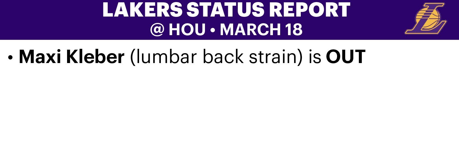 湖人伤病报告不变，明日仅克勒贝尔一人缺席。湖人vs火箭