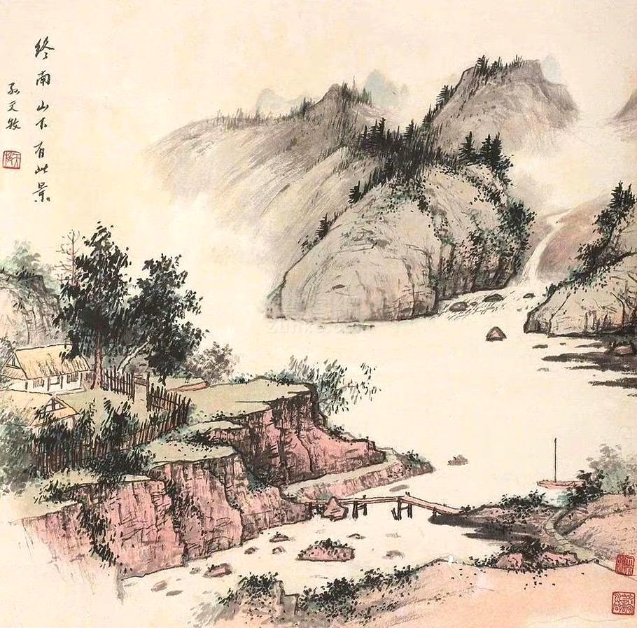 “茅舍槿篱溪曲，鸡犬自南自北。菰叶长，水葓开，门外春波涨绿。听织，声促，轧轧鸣梭