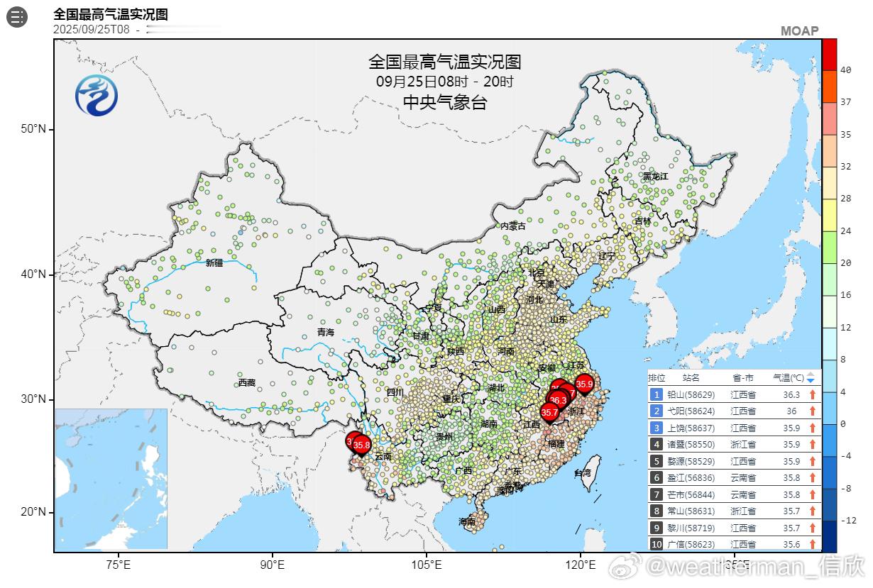 【气温】今天因为副热带高压加强西伸，江南东热度上升，上海杭州福州最高气温超过了3