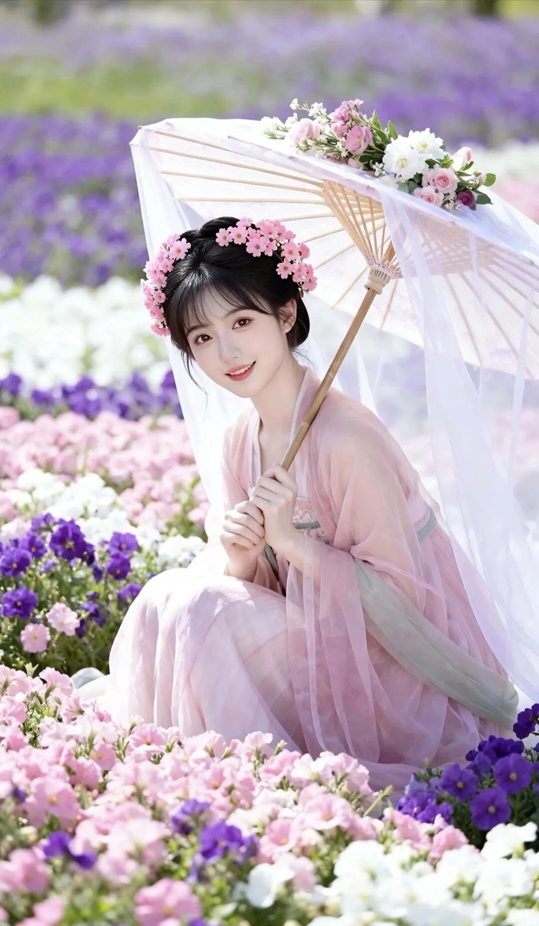 🌸 整体风格解读
这组照片是典型的春日汉服森系风格，粉紫白三色花海、浅粉色齐胸