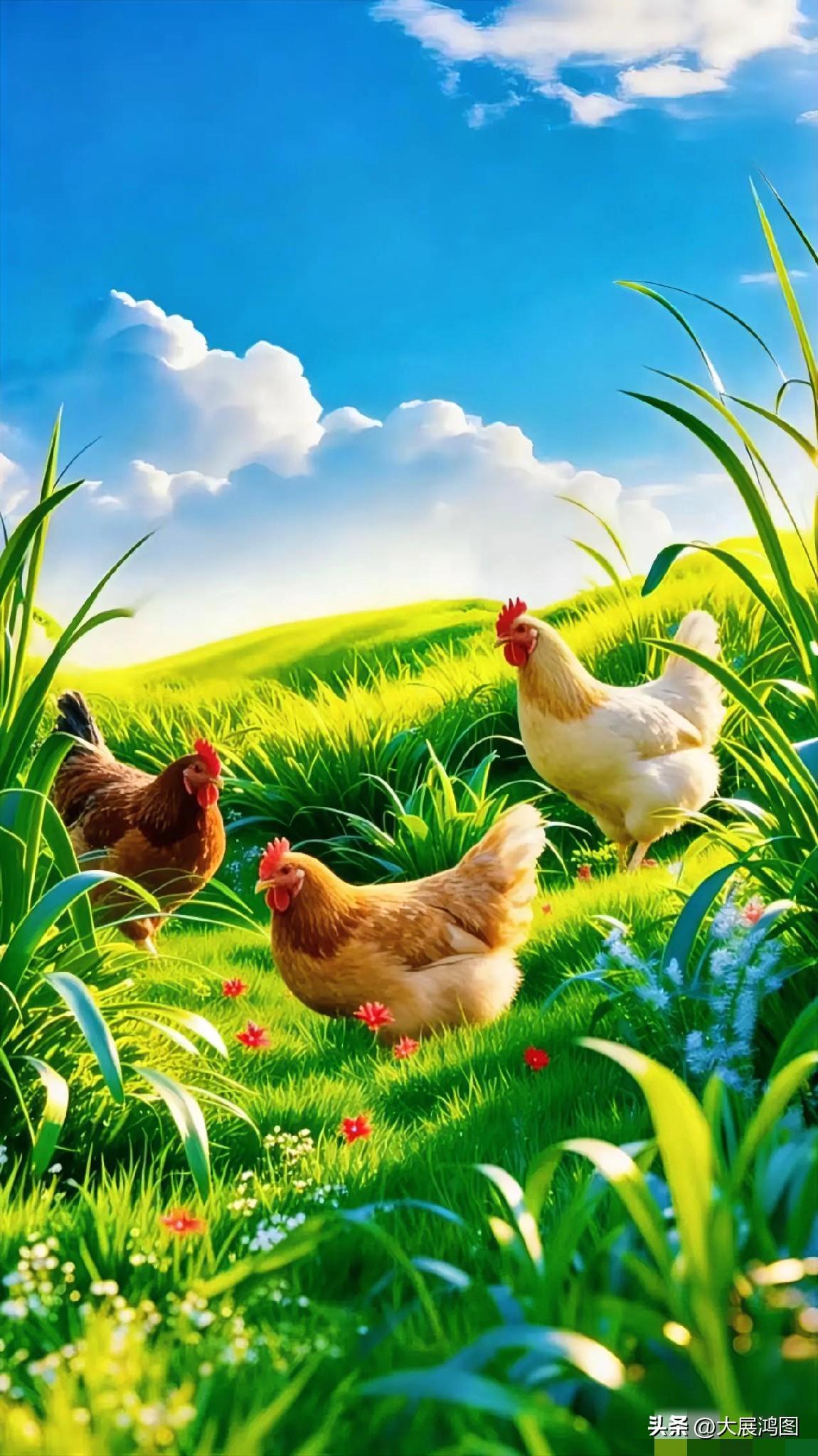 田园风光如画，鸡儿自在觅食，蓝天白云相伴，令人心旷神怡！🌿🐔🌞田园散养公鸡