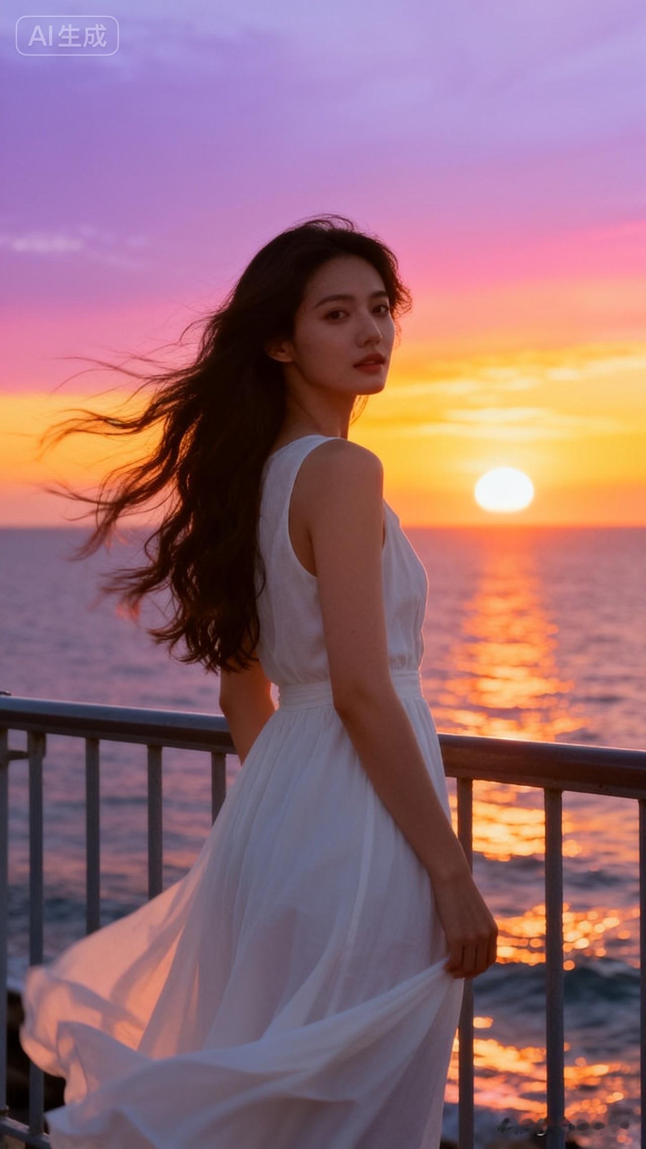 夕阳下的海边，白裙飘飘，温柔时光
