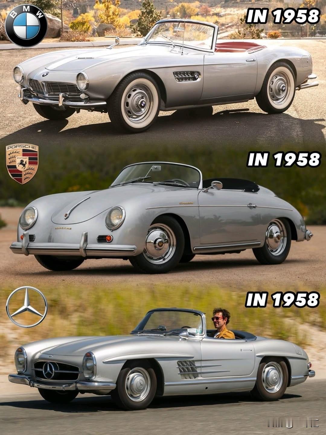 1958年，德系跑车的黄金年代。

图中三款车型各自代表着品牌的巅峰：BMW 5
