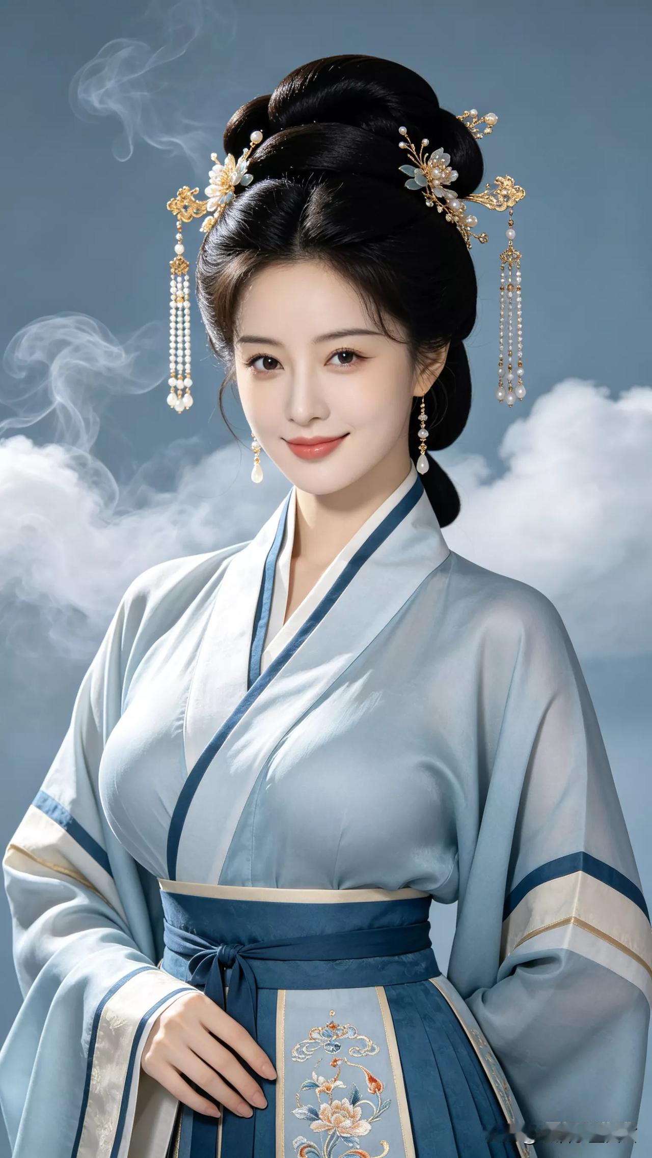 古风美人，云雾缭绕，典雅高贵。张立启原创书画AI作品古仕女发髻服饰集锦首发第71