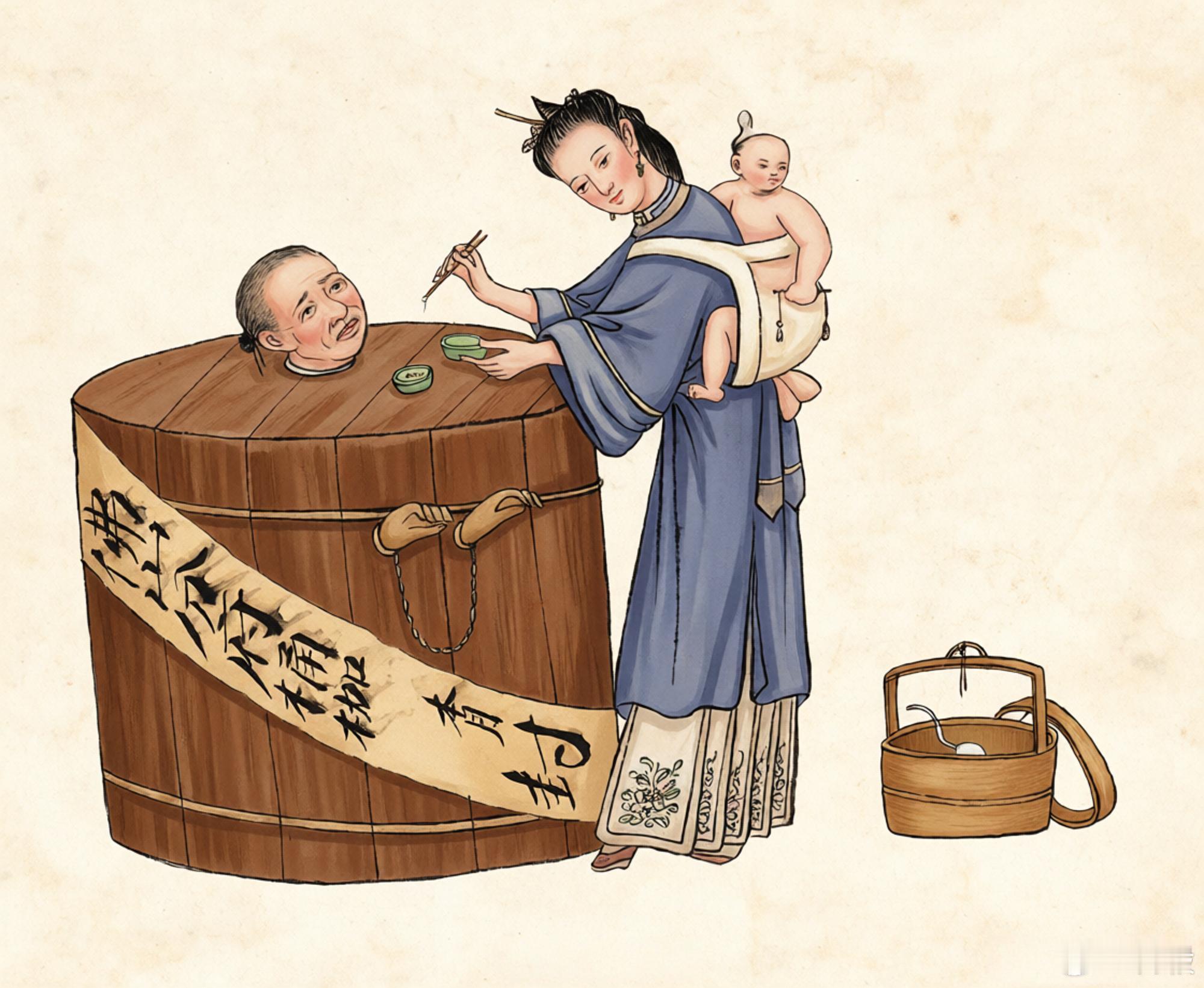 1860年绘画，妻子背负婴儿给“桶枷”中的丈夫喂饭。桶枷书写着“佛山分府桶枷本月