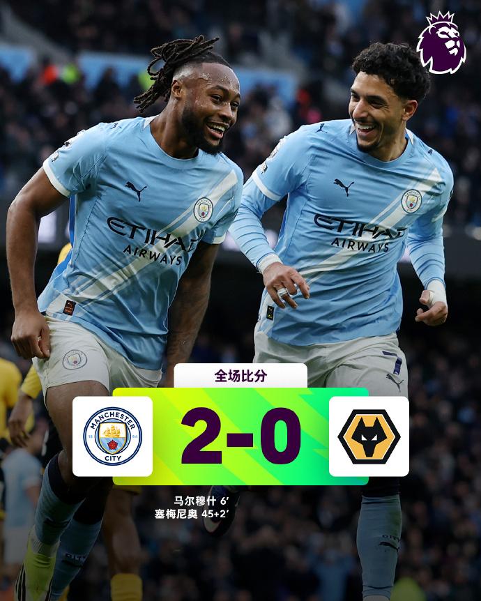 全场比分 | 曼城 2-0 狼队

⚽第6分钟，努内斯前场右路传中到禁区，马尔穆