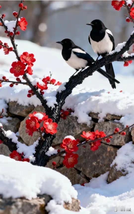 梅花欢喜漫天雪 ，
喜鹊登梅迎春来。