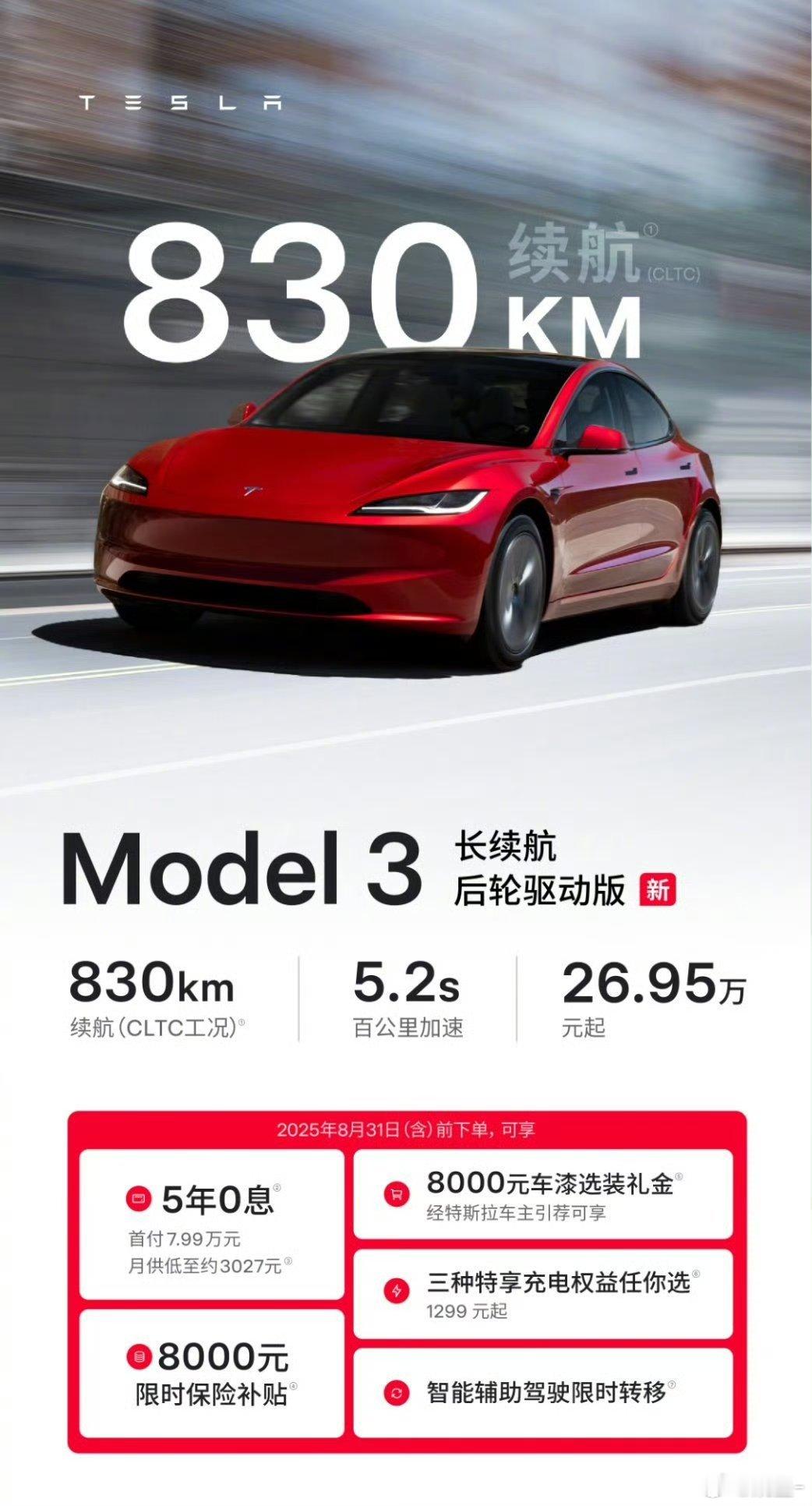 长续航后驱model3售价26.95万元 没有发布会，没有预热[哆啦A梦吃惊]特