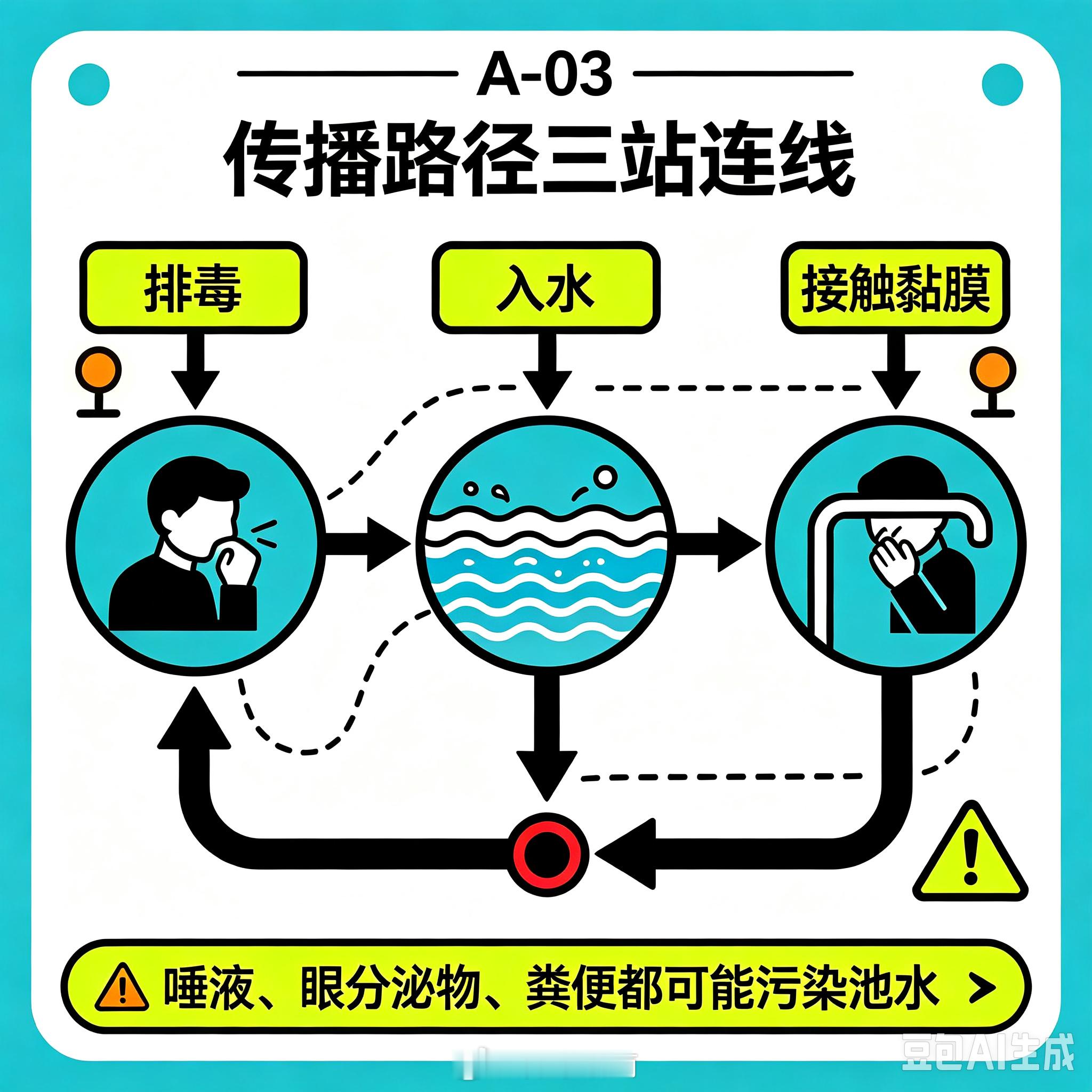 游泳 腺病毒  天气炎热，畅游时别忘了防范“泳池毒王”腺病毒！它耐氯性强，易经水