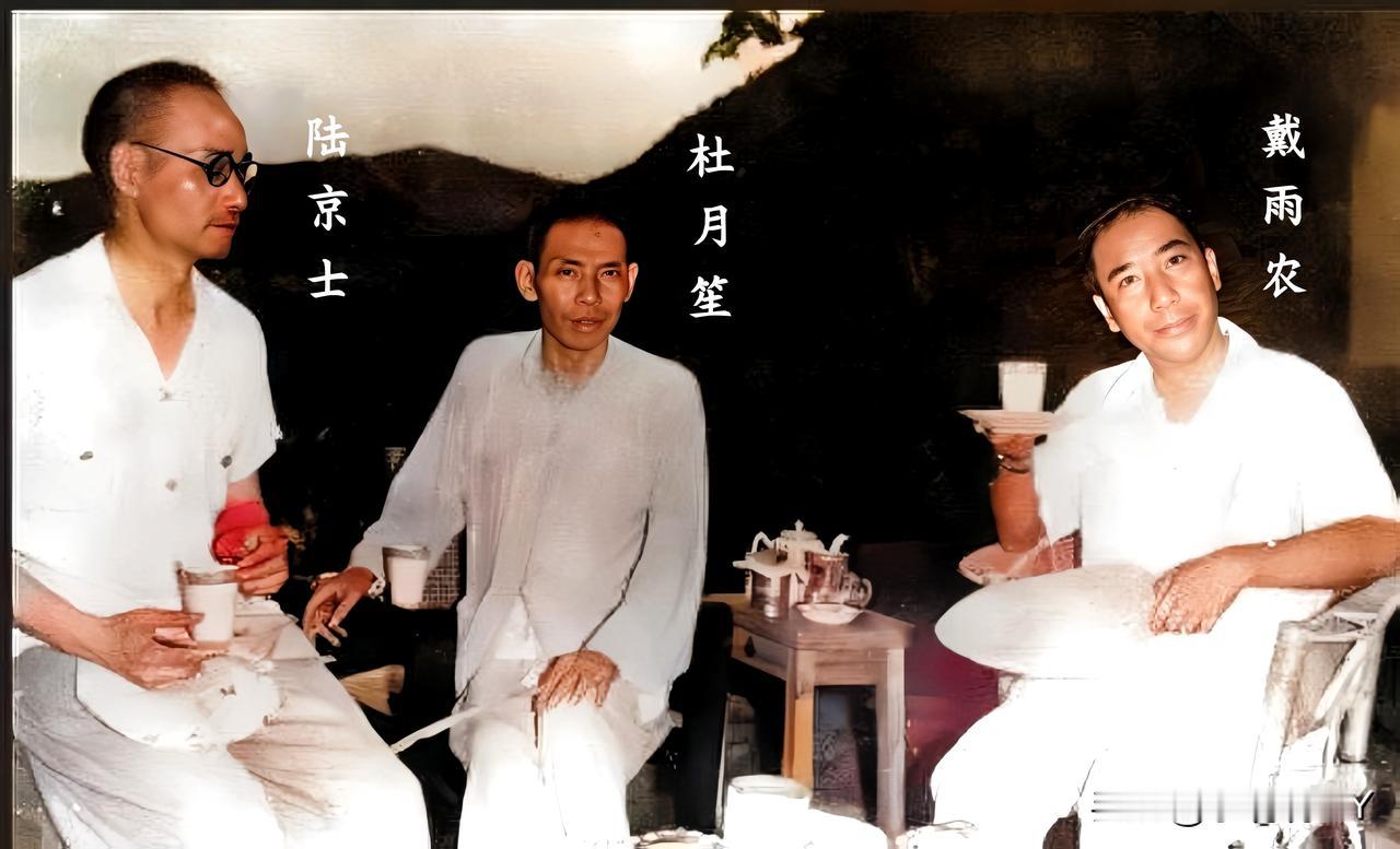 一九四五年夏，在重庆汪山公馆喝咖啡的戴雨农与杜月笙及陆京士。这绝不是演戏，也绝非