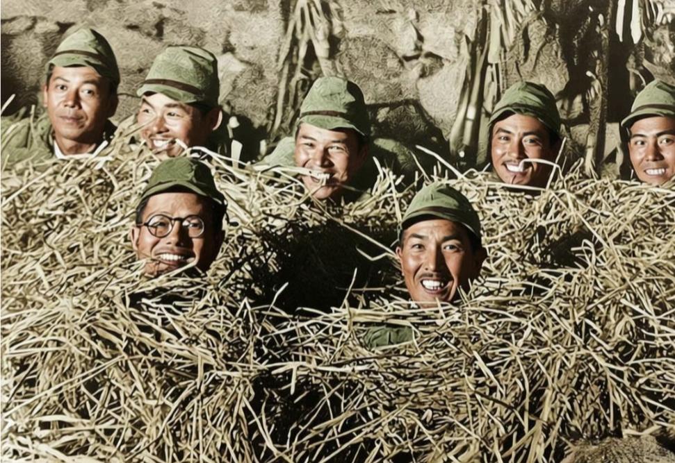 分享那些年的老照片1938年10月，7个侵华日军士兵钻在草堆里，只露出脑袋坏坏的