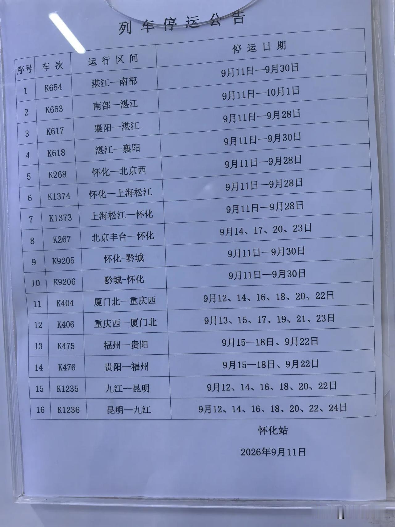 注意，怀化火车站目前有这些车停运，国庆节期间部分车次将恢复营运。