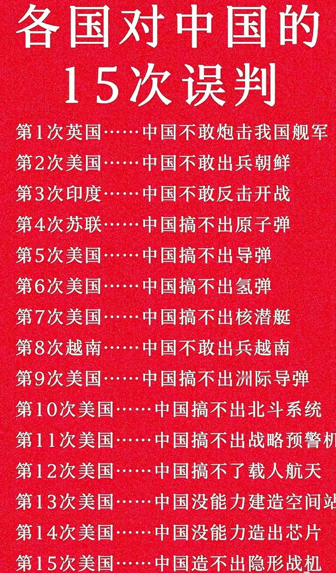 外国十五次对中国误判。其实还有更多误判，中国登不上月球、中国没能力造出7毫米芯片