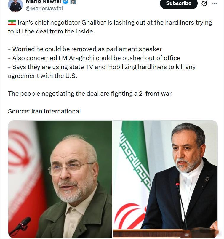伊朗首席谈判代表加利巴夫正在猛烈抨击那些试图从内部破坏协议的强硬派。• 他担心自