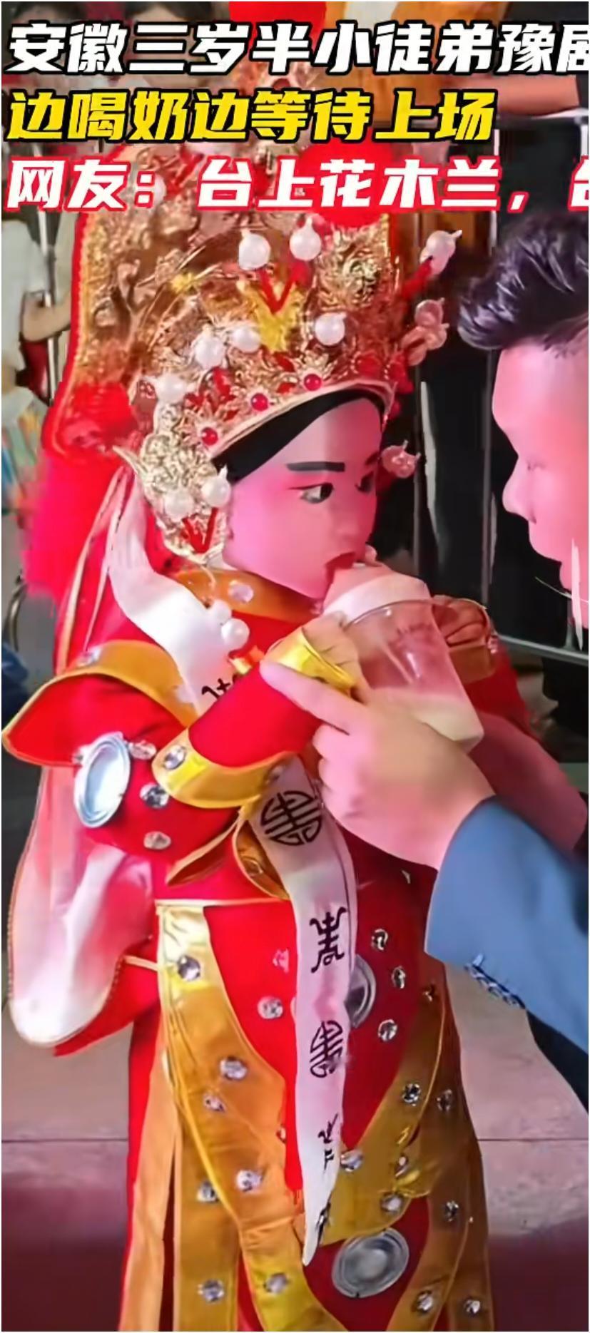 安徽蒙城有个超可爱的三岁半小徒弟，豫剧演出前的模样太逗了。她一边喝着奶一边等着上