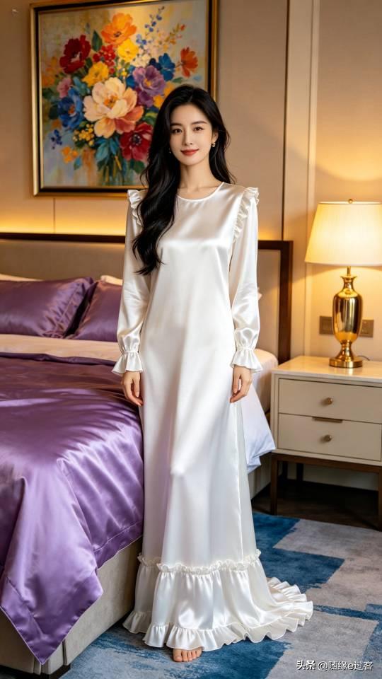 白色真丝女家居服。家居服 纯真丝服装 真丝女孩