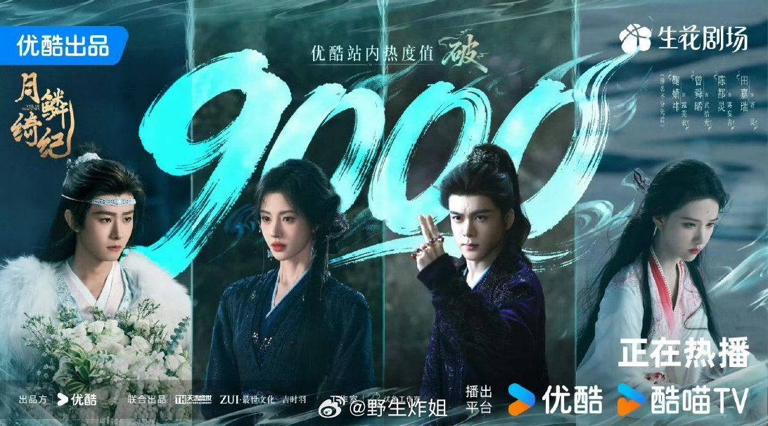 鞠婧祎、陈都灵、曾舜晞、田嘉瑞主演的《月鳞绮纪》站内热度直接破9000了，这算不